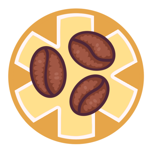 a yellow circle with a large medical alert asterisk inside it, and three coffee beans pictured in the center.